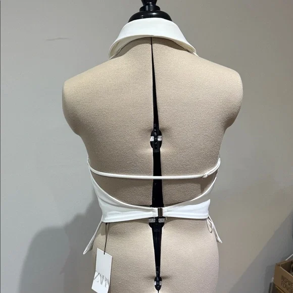 Zara White Halter Zippered Vest with Collar Detail Size Small - Picture 4 of 5